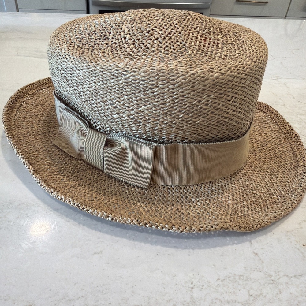 Giorgio Armani 100% Straw Fedora Hat Made Italy Tan Ribbon Bow Size 58 EUC